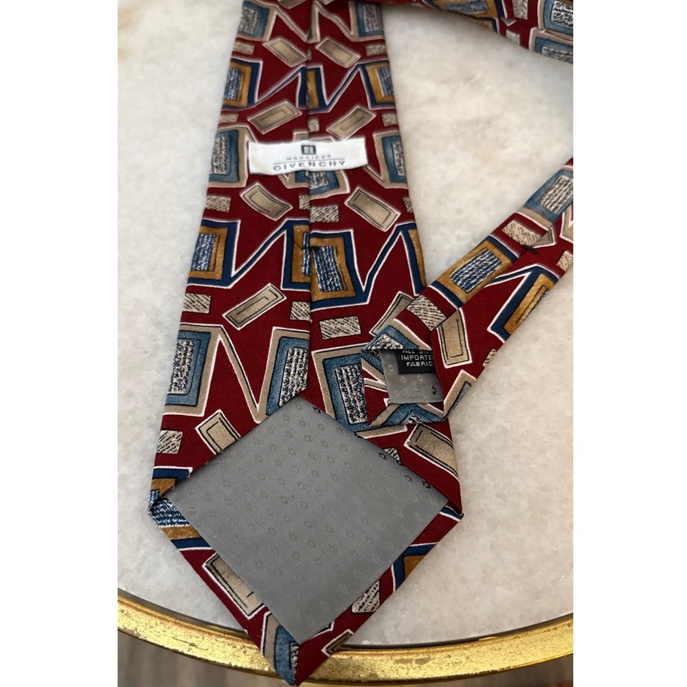Monsieur Givenchy Silk Necktie Burgundy Red Blue Gold Geometric Abstract Vintage - Picture 3 of 6